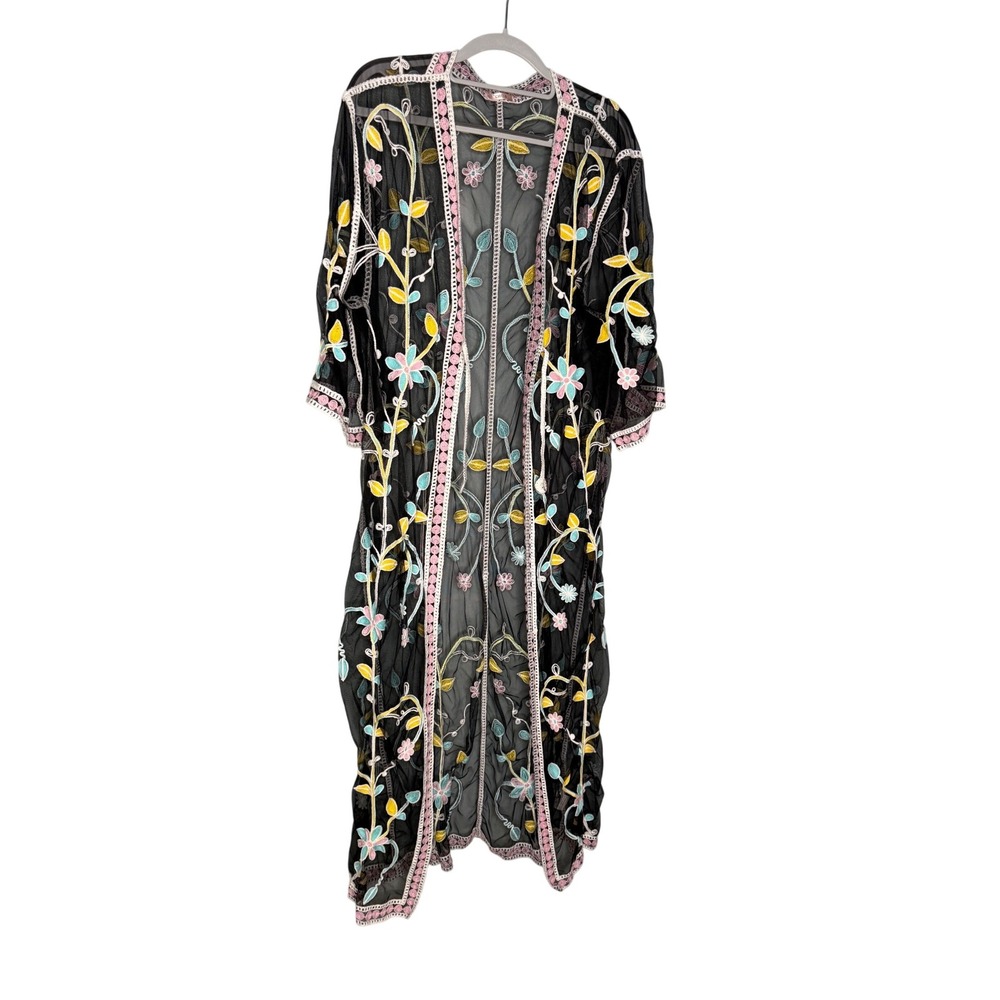 CHOA floral embroidered long open front duster cardigan kimono cover up
